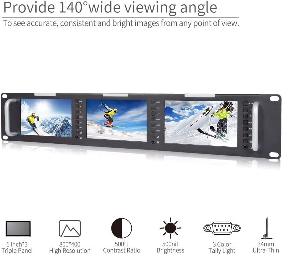 Image of FEELWORLD T51-H Triple 5 inch 2 RU Rack Mount Monitor 800x480 Broadcast LCD Monitor with HDMI AV Input and Output