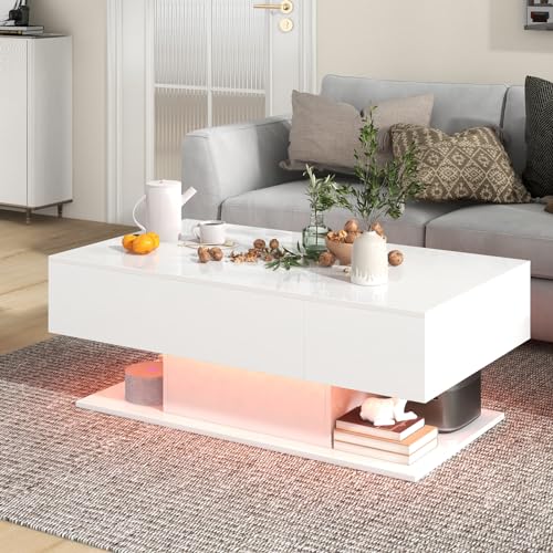COSTWAY Table Basse Blanche Laquée, Table de Basse avec Tiroirs, 20 Lumières, 22 Modes Dynamiques, Télécommande, Compartiment Caché, Base Épaissie, Finition...