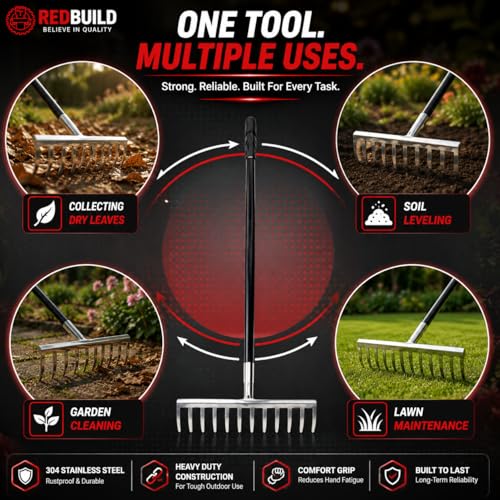 Image of REDBULD Heavy Duty Stainless Steel Garden Rake with Long Handle | Rake for Gardening | Rake for Quick Clean Up of Lawn and Yard | Garden Leaf | Garden Fork