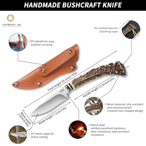 Plys Fixed Blade Knife, Hunting knife set, survival knife, fixed blade knife with sheath, Imitation Antler Handle, self defense weapons, Hand Forged Stainless Steel Camping barbecue Meat knife - Image 4