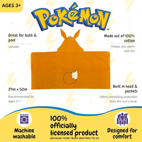 Image of Pokemon Eevee Kids Super Soft Bath /Pool /Beach Soft Cotton Terry Hooded Towel Wrap, 24 in x 50 in, (Officially Licensed Product) By Franco