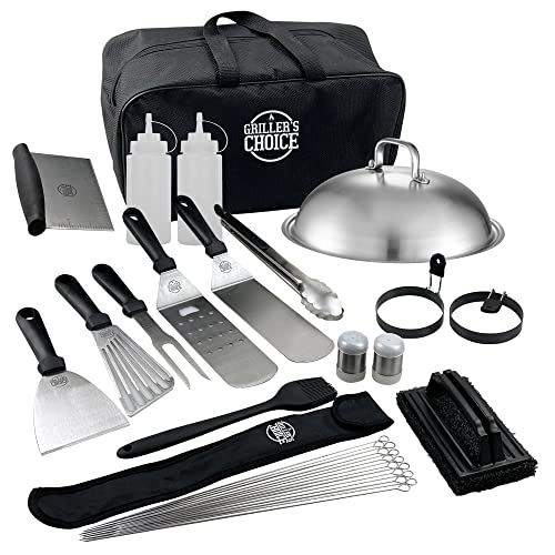 Grillers Choice 32 Piece Griddle Accessories Set Metal Spatulas - Commercial Heavy Duty Stainless Steel,Flat Top,Grill,Indoor-Outdoor,Hibachi,BBQ Grilling Utensils- Designed by Chef and BBQ Judge