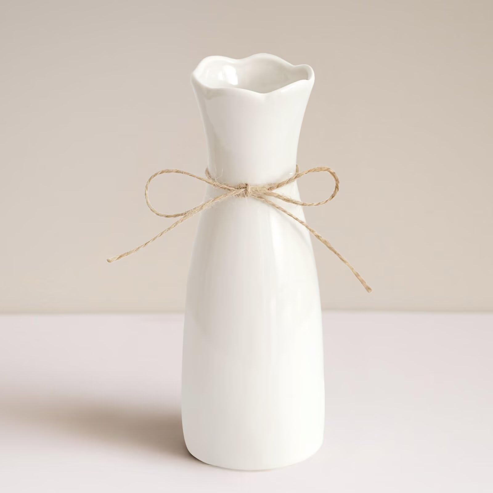 Small Vase White Ceramic Jute Rope Simple Vases for Home Decor Minimalist Modern Flower Vase Elegant Decorative Glossy Vase for Pampas Grass, Office, Living Room, Mantel and Bedroom Décor