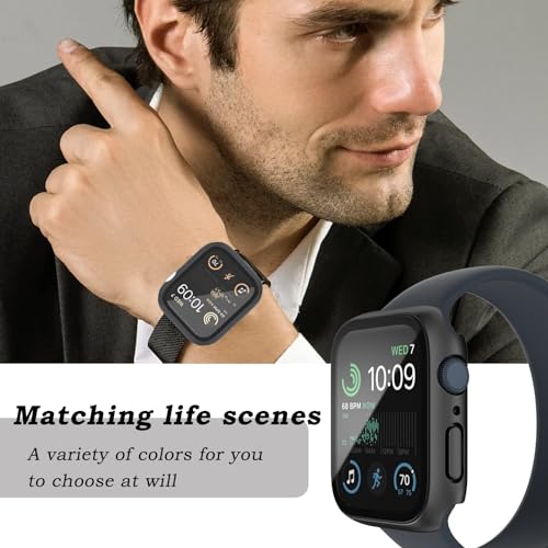 Image of Case Compatible with Apple Watch Series 8 & Series 7 41mm /45mm PC Bumper with Tempered Glass Screen Protector Matte Solid Color Hard Cover (Black, 45mm)
