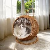 CIHTL Wicker Cat Bed Indoor & Outdoor, Handwoven PP Rattan Cat Swing Bed with Removable Washable Cushion, Breathable Waterproof Cat House for Cats & Small Dogs (Small–11.4' L × 18.9' H)