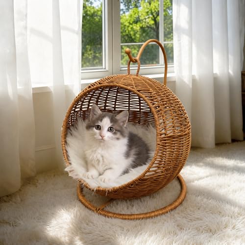 CIHTL Wicker Cat Bed Indoor & Outdoor Handwoven PP Rattan Cat Swing Bed with Removable Washable Cushion Breathable Waterproof Cat House for Cats & Small Dogs (Small11.4 L 18.9 H)