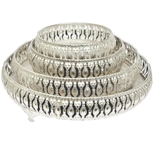 Image of Decorative German Silver Tray Set of 4 Sets Designer Set Trays I Gifting Trays Set [Display for Home Wedding and Festive Decor Size 10 inch 8 inch 6 inch 4 inch. Without Stand Flat Trays.