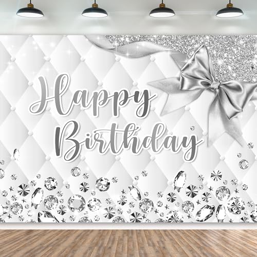 Newsely Weißer und silberner Geburtstags-Hintergrund, 7 x 5 cm, Fotografie-Hintergrund für Mädchen und Frauen, Diamanten, modern, luxuriös, elegant, Party-Dekorationen, Banner, Foto-Requisiten,