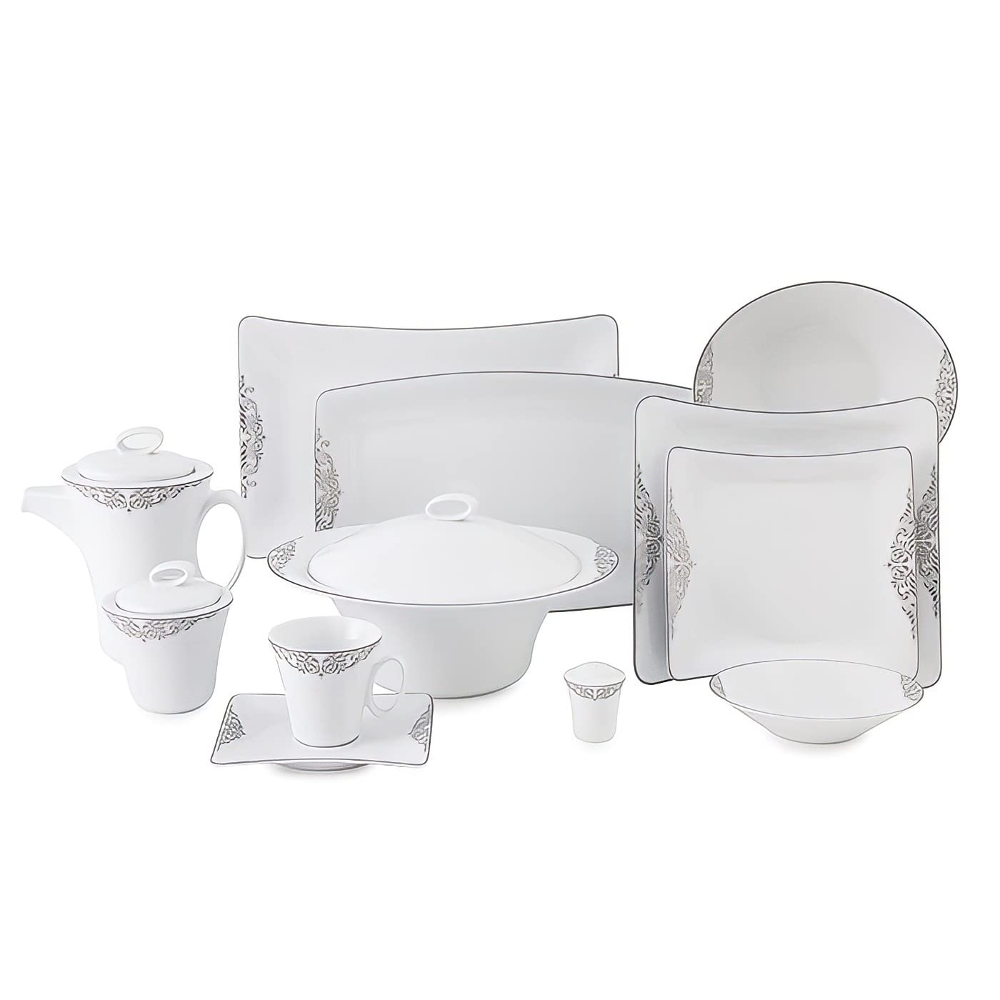 Zarin Iran Dinner Set 97 Piece | Design Mehregan Platinum | 12 Person Dinner Set | 100% Porcelain White/Silver