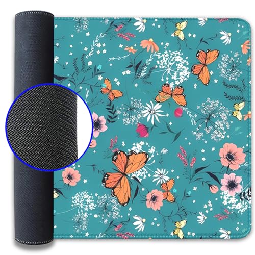 Image of Colorful Butterflies and Flowers Extended Desk Pad Mouse Pad,Stitched Edges Non-Slip Rubber Base XL Mouse Mat Desk Mat for Office Home Work Blue Mousepad(27.5X11.8 Inch)