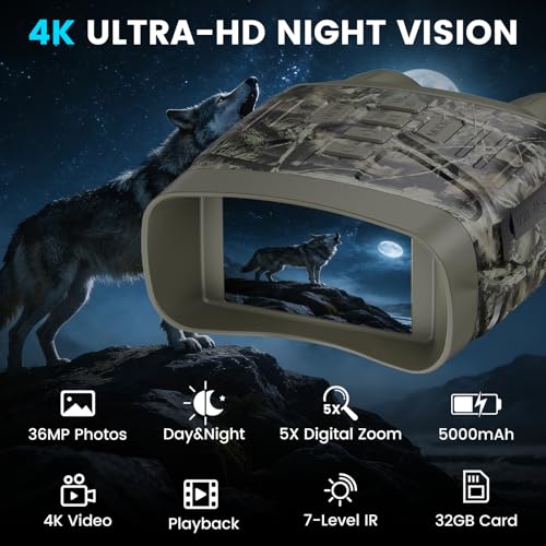 Image of Night Vision Goggles for Adults, 4K Night Vision Binoculars with 5000mAh Rechargeable Battery and 32GB TF Card for Hunting, Wildlife Observation and Security