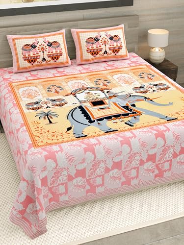 Image of RajasthaniKart Pure 100% Cotton Double Bed Sheet with 2 Pillow Covers (Bedsheet for Double Bed Cotton, Maharaja Elephant Jaipuri, King Size,5303)