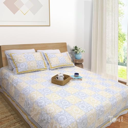 Image of TOAI Hand Block Printed Bedsheet | Bed Sheet Flatsheet | Pure Cotton | Double Bed King Size 108 inchx108 inch | 300 TC Bedsheets | Includes 2 Pillow Covers Jharokha (Yellow, Greyish Blue)