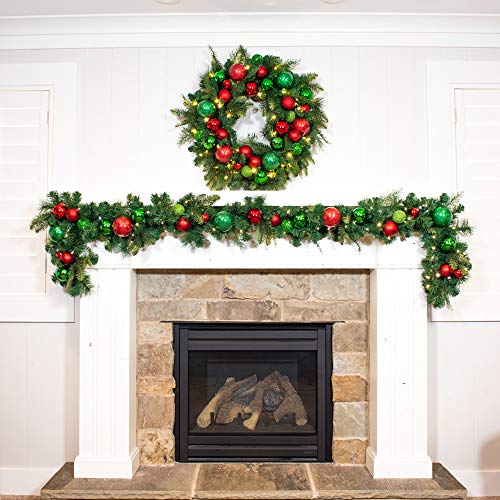 [30 Inch Artificial Christmas Wreath] - Christmas Cheer Collection - Red And Green Decoration - Pre Lit With 50 Warm Clear Colored Led Mini Lights - Includes Remote Controlled Battery Powered Timer #TOP5
