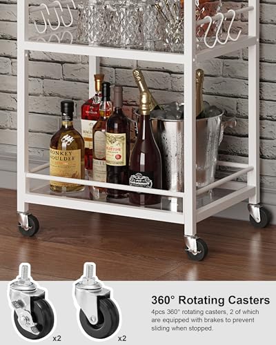 Image of TUTOTAK Bar Cart with 3 Mirrored Shelves, Wine Rack & Glass Holder | 3-Tier 18.5 Inch Wide Home Bar Serving Carts, Small Mobile Kitchen Shelf with 6 Hooks, White BC01BW034