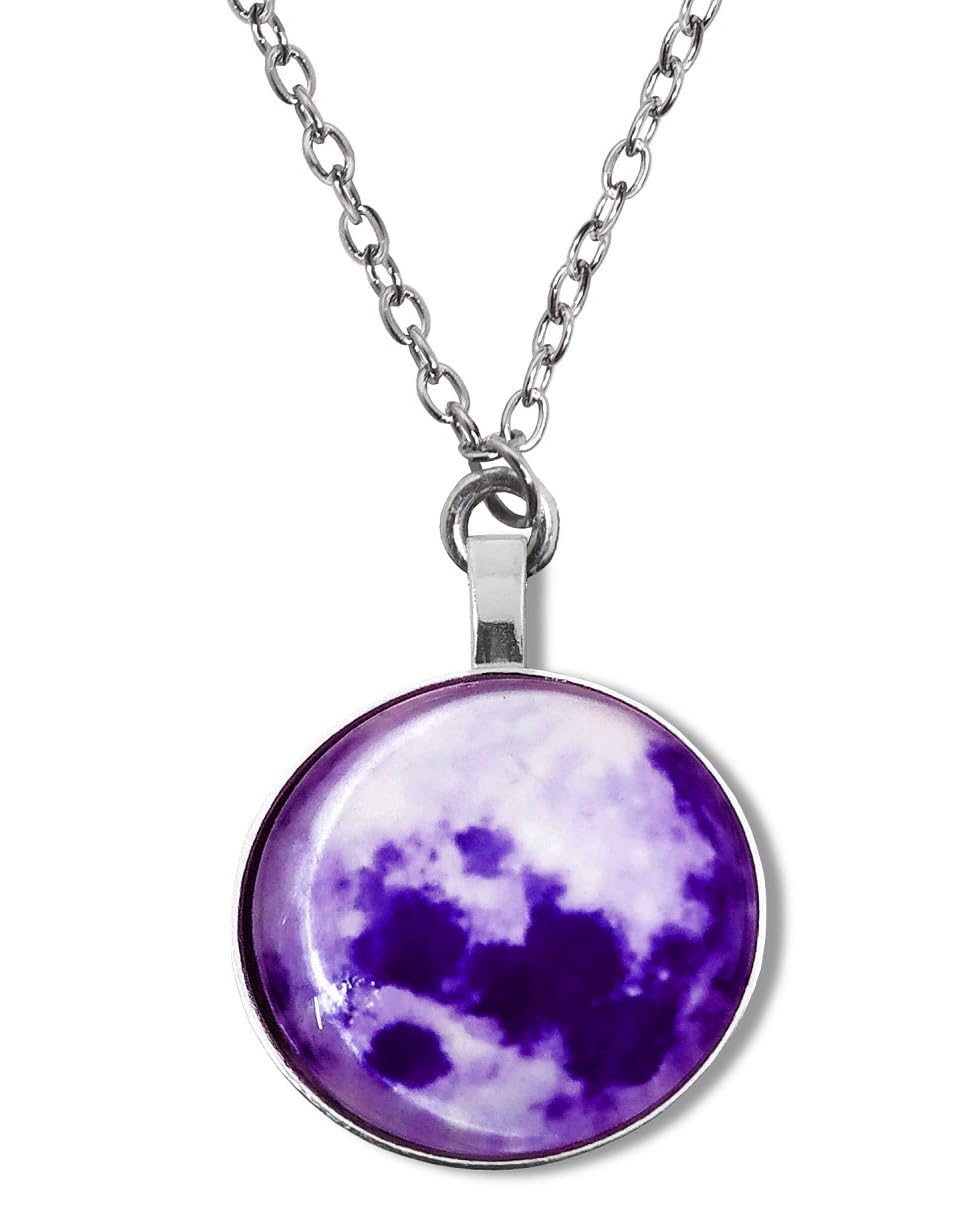 GenericStainless Steel Romantic Glow in the Dark Rising Purple Moon Handmade Crystal Glass Dome Lunar Eclipse Alloy Luminous Pendant Locket Necklace With Chain