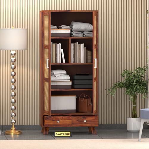 Image of Solid Wood 2 Door Wardrobe with Cane Design | Wooden Almirah with Storage Drawer | Modern Vintage Cupboard for Bedroom & Living Room (Honey Finish)