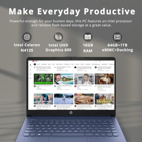 Image of HP Stream 14 inch HD Student & Business Laptop, Intel Celeron N4120, 16GB RAM, 1.06TB Storage (64GB eMMC + 1TB Docking Station), Intel UHD Graphics, 1 Year Office 365, Wi-Fi 5, Win 11, Royal Blue