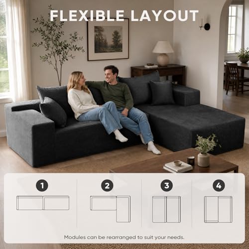 Image of Boneless Couch, 102.4 inch Sectional Couches for Living Room with L Shape Sofa | Cloud Couch Sectional with Chaise, Modular Cloud Sofa with Deep Seat, No Assembly, Black, Corduroy, Right Chaise