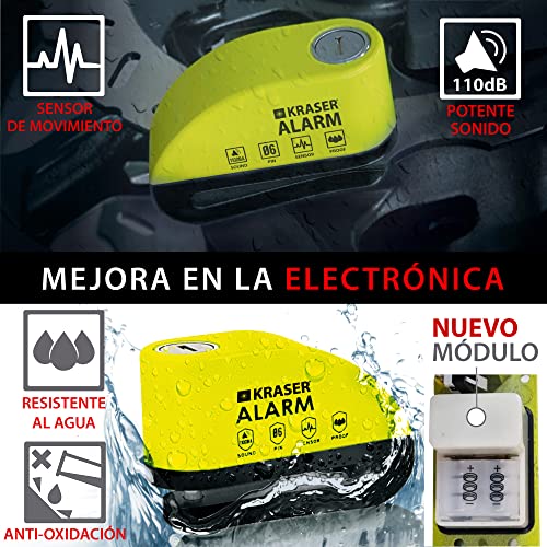 KRASER 6Y Candado Moto con Alarma 110dB, Antirrobo Disco Reforzado, 3 Llaves (Otros 2) Alta Seguridad Impermeable Accesorios Cable Bolsa Pilas, Pinza Bloqueo 6mm Universal Scooter Bicicleta A/N - Imagen 5