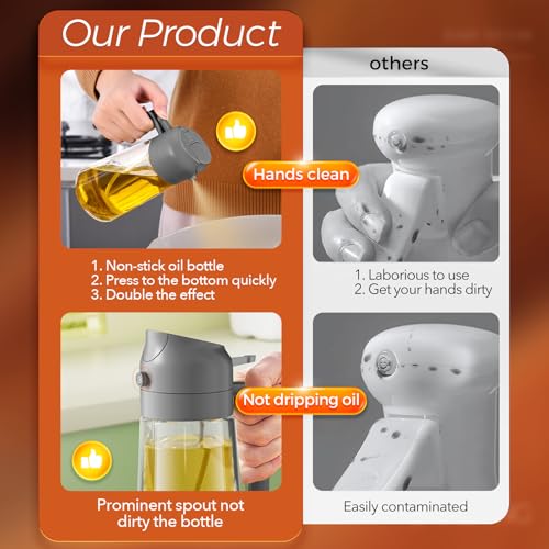 Image of YARRAMATE Oil Sprayer for Cooking, 2 in 1 Olive Oil Dispenser Bottle for Kitchen, 16oz /470ml Premium Glass Bottle, Food-grade Oil Mister for Air Fryer, Salad, Frying, BBQ (Grey)