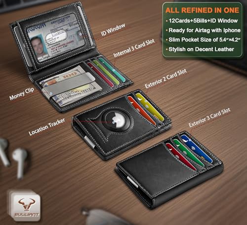 BULLIANT Men Airtag Wallet,Slim Wallet Money Clip Card Holder Magnetic Closure 12 Cards in Front Pocket RFID Blocking2