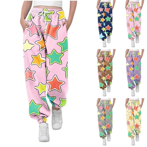 Girls Colorful Stars Print Cute Sweatpants Athletic Drawstring Joggers Loose Track Pants with Pockets for Kids 3-14 Years2