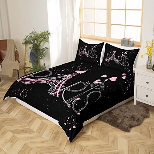 Paris Comforter Cover Set Full Size Eiffel Tower Bedding Set Kids Girls Black And Pink Chic Paris Bedroom Decor Duvet Cover Boys Teens Women Romantic Modern French Bedspread Cover With 2 Pillow Case #TOP1