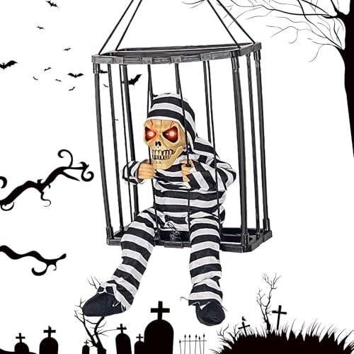 Décoration animée d'Halloween en cage cage prisonnier squelette suspendu et vocal