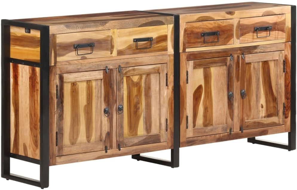 Solid Acacia Wood Sideboard with Honey Finish, 4 Drawers and 2 Cupboards for Dining Room Storage, Handcrafted Industrial Furniture with Rust-Resistant Steel Frame