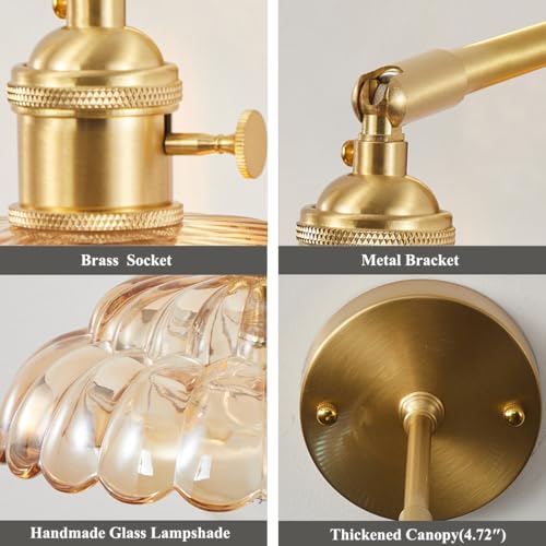 Image of Industrial Style Amber Glass Wall Lights Bedside Lamp with Brass Socket Compatible with E26 /E27 Bulbs 110V /120V Hardwired Wall Sconce with Switch