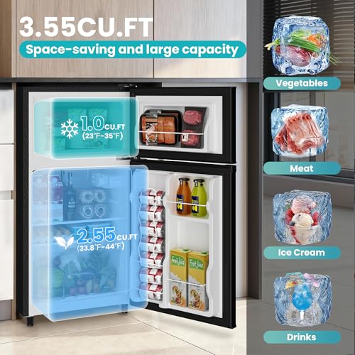 Image of Manastin 3.55 Cu.Ft Mini Fridge with Freezer, Small Refrigerator with 2 Doors for Kitchen, Dorm, Office and Bedroom, Mini Refrigerator with Adjustable Shelves (Black)