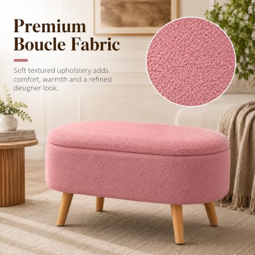 Image of Upholstered Ottoman Storage Bench, Premium Boucle Fabric, Heavy Duty 120 Kg Load Capacity, Multipurpose Seating for Living Room & Bedroom, Pink