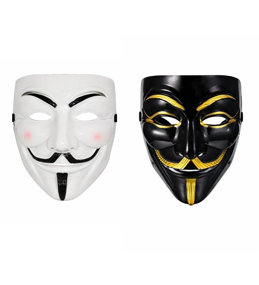 Velloura Global's Vendetta Black & White Mask Combo Set | Classic Guy Fawkes Style Costume Masks | Halloween Cosplay Party Accessory | Premium Glossy Finish | Unisex Adult Fancy Dress Mask Set-image-43