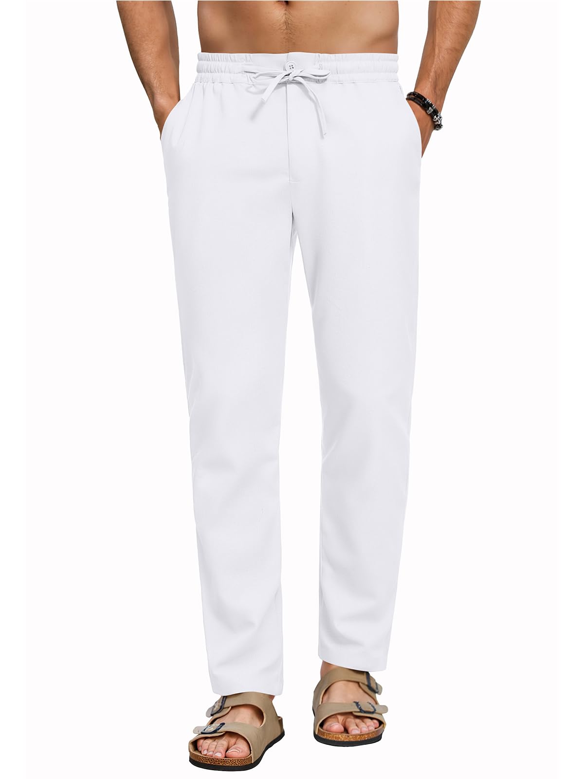 RQP Mens Linen Pants Drawstring Casual Pants Lightweight Stretch Beach Pants Baggy Dress Trousers