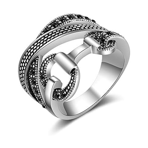 Mytys Criss Cross Gold Rings for Women Vintage Silver Statement Ring Black & Clear Crystal Belt Design Band Rings Christmas Gift (silver size 9) Cover