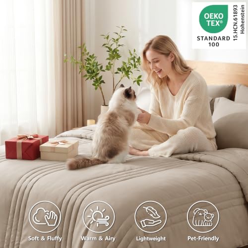 Image of CozyLux Queen Comforter Set Wheat - 7 Pieces Bed in a Bag, Modern Vertical Quilted Room Decor, Soft All-Season Bedding Gift with Comforter, Sheets, Pillowcases & Shams