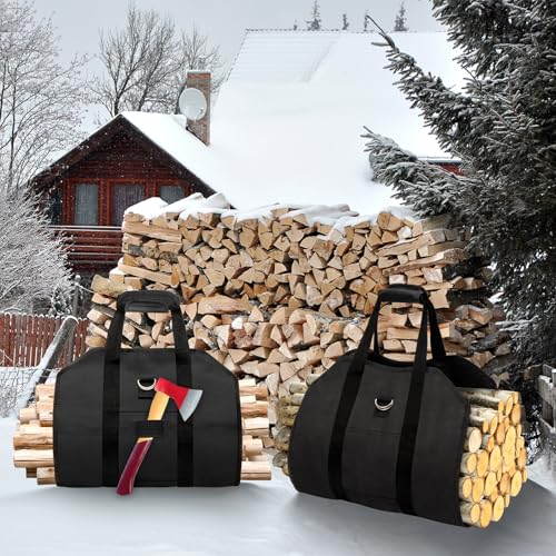 GPUSFAK Waxed Canvas Firewood Carrier Indoor - Water Resistant Wood Carrier for Firewood, Fireplace Wood Holder with Soft Handle for Home and Camping, Pack of 1 Black