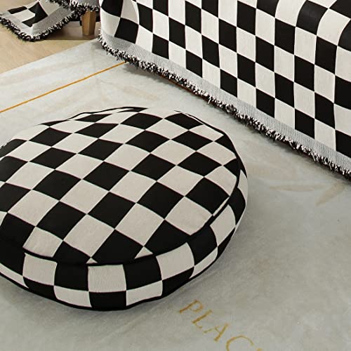 Vctops Black And White Buffalo Plaid Chair Round Floor Pillow Soft Chenille Thicken Meditation Pillow Tatami Floor Chair Cushion For Yoga Living Room Balcony Office (Black,24"X24") #TOP4