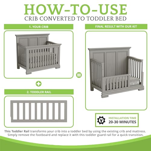 Image of Toddler Bed Safety Guard Rail for Oxford Baby, Soho, Ozlo & Avalon Baby Convertible Cribs - Solid Wood Rail for Toddler Bed Conversion - Safety Rails for Children (Rustic Grey, Option 2)
