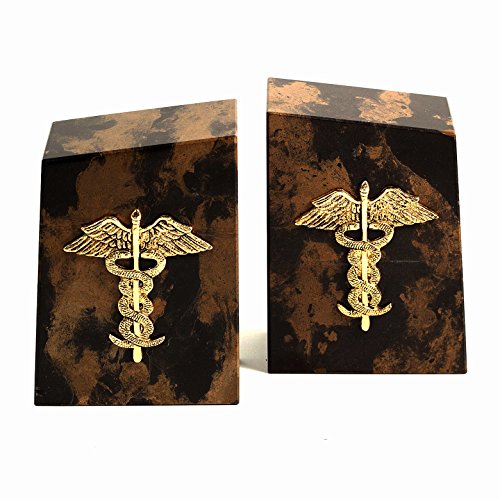 Bookends - Caduceus Tiger Eye Marble Bookends - Medical - Doctor