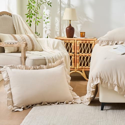 Image of FUANNA Full Size Comforter Sets Beige, 3 Pieces Ruffle Full Size Bedding Sets, Fluffy Bed in a Bag Full for All Seasons, Shabby Chic Full Bed Set with 1 Lightweight Comforter & 2 Pillowshams
