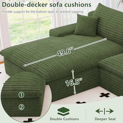 Image of 107 inch Cloud Couch Modular Sectional Sofa for Living Room, U-Shape Boneless Couch with Deep Seat, Modern Corduroy 3-Seater with Ottoman, No Assembly Required (Green,Left-Facing Chaise)