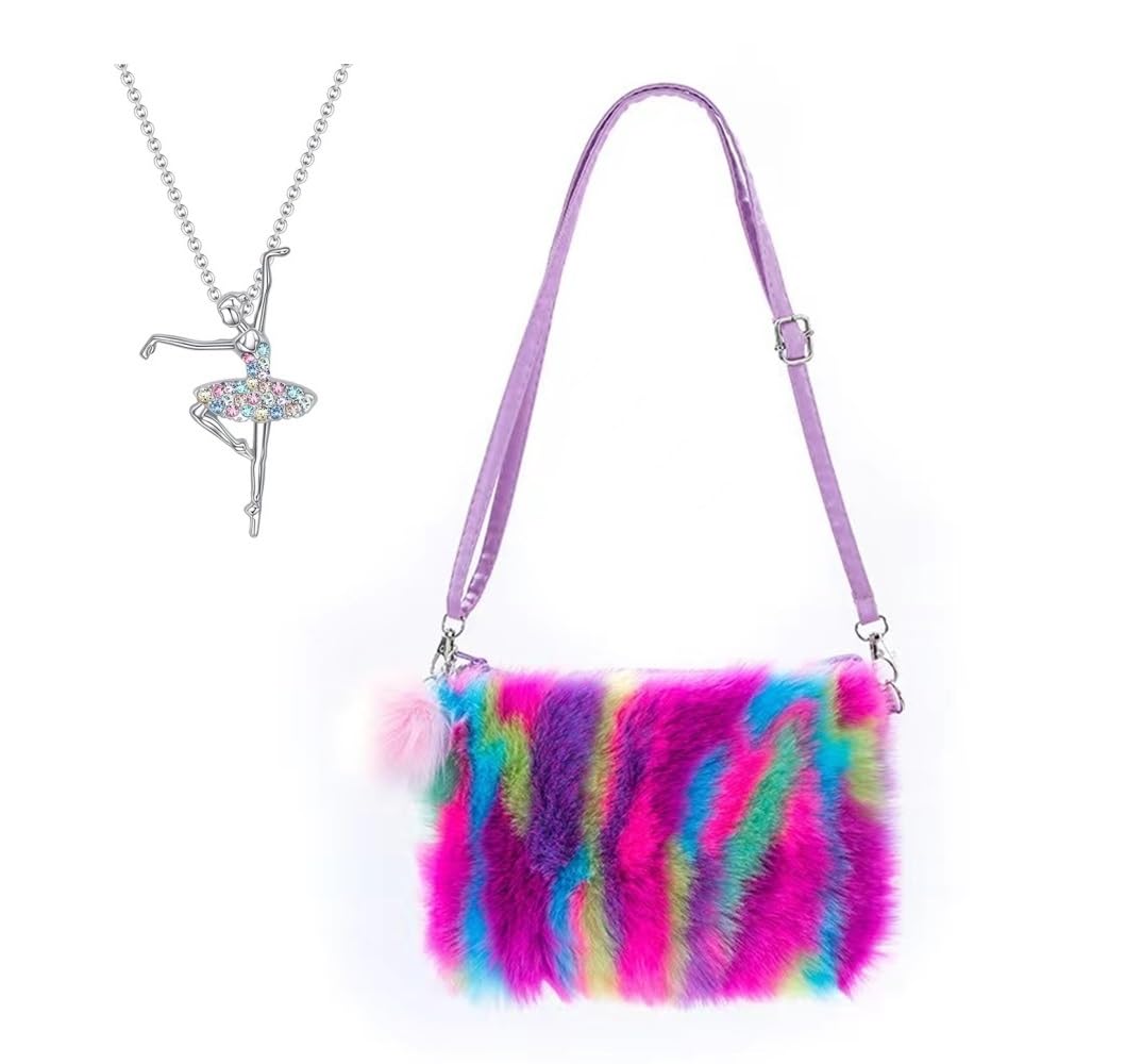 SuericoGirls Fluffy Crossbody Purse Plush Rainbow Shoulder Bag Kids Crossbody Bag Handbag