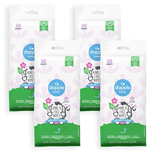 Hand & Face Wet Wipes by Dapple Baby, 30 Count (Pack of 4), Hint of Lavender - Plant Based Spray & Hypoallergenic Baby Face Wipes - Gentle Cleanse - Face Wipes for Sensitive Skin