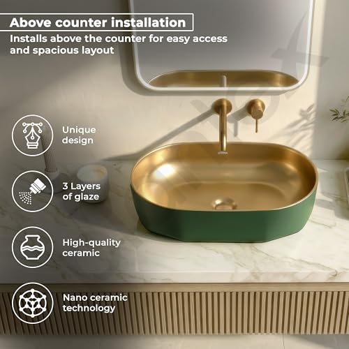 Image of Plantex Designer Wash Basin for Bathroom /Ceramic Table Top Washbasin /Countertop Vessel Sink Basin - (Green Gold, 22 x 13 x 6 Inch)