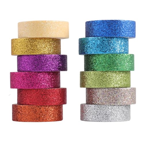 Cinta adhesiva Washi con purpurina para manualidades con 12 rollos brillantes de 15 mm