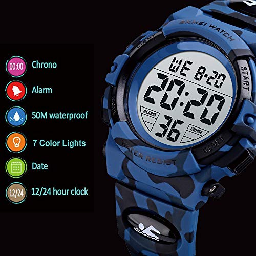 Venhoo Kids Watch Digital Outdoor Sport Waterproof 7 Colors EL-Lights Electrical Watches with Alarm Luminous Stopwatch Casual Child Wrist Watch for Teenager Boys Girls-Blue Camouflage - Thumbnail 2