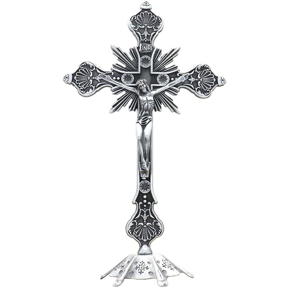 Baokuan Silver Standing Cross Catholic Decor For Metal Jesus Crucifix Standing Cross Statue For Chapel Home Decoration Religious Gifts