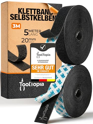 Klettband Selbstklebend Extra Stark Outdoor & Indoor 20mm x 5m schwarz (3M Markenkleber), Klett I Klettverschluss Klebeband, Handwerksqualität